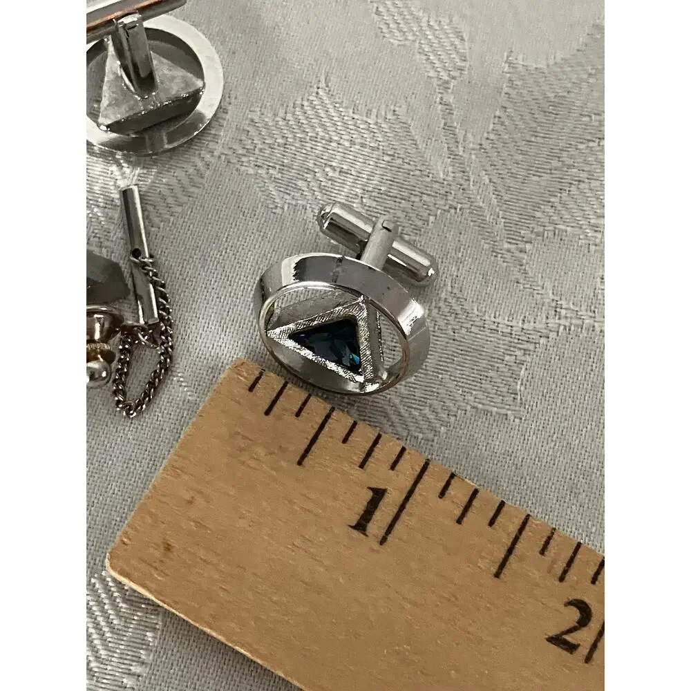 Vintage MCM Tie Clasp & Cufflink Set Blue Faceted Stones Silver Tone Geometric